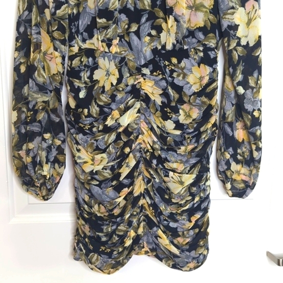 FATE Dark Floral Ruched Bodycon Mini Dress Ruffle Mock Neck Rear Zipper S - Picture 5 of 13